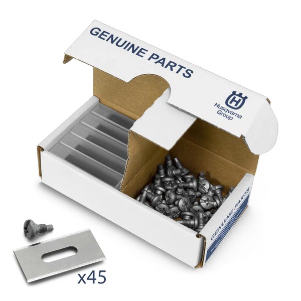 Husqvarna Ersatzteile: Schrauben und Klingen in geöffneter Verpackung