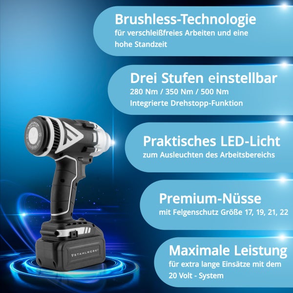 STAHLWERK Akku-Schlagschrauber mit bürstenloser Technologie, drei Stufen einstellbar, LED Licht und Premium Nüssen