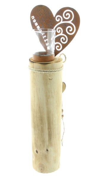FRANK FLECHTWAREN | Windlichtsäule Herz, HOLZ, METALL, 8 x 8 x 44,5 cm