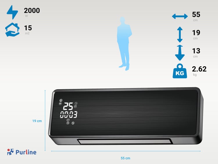 Abbildung eines elektrischen Heizgeräts mit Größenangaben und Leistungsdaten