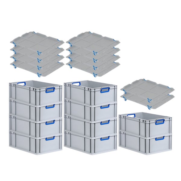 PROREGAL Spar Set 10x Eurobox Nextgen Color Mit Auflagedeckel & Schiebeschnappverschlüsse HxBxT 22 x 40 x 60 cm Griffe Blau Offen Verstärkter Boden