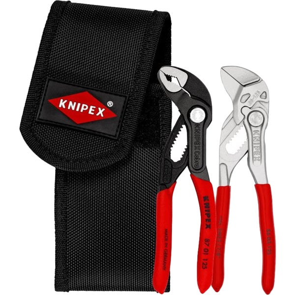 Zwei Zangen mit roten Griffen und eine Werkzeugtasche von Knipex