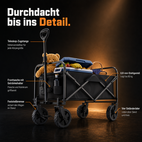Faltbarer Bollerwagen mit Teleskop-Zugstange, Fronttasche mit Getränkehalter, Feststellbremse, Stahlgestell bis 80 Kilogramm und vier Geländerädern.