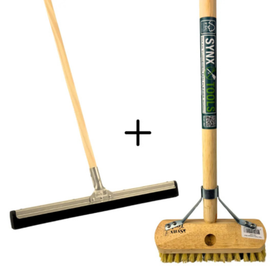 Bodenwischer und Wurzelbürste mit Holzstiel als Reinigungsset
