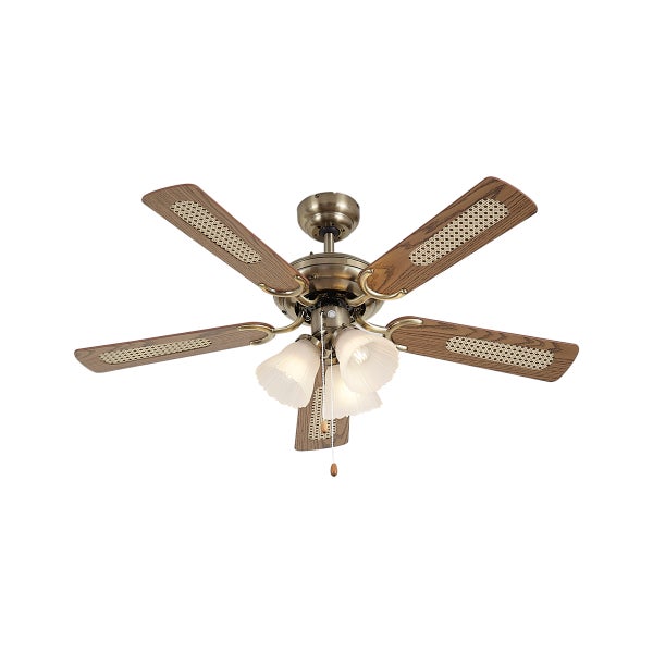 Deckenventilator mit Beleuchtung und fünf Flügeln in Holzoptik mit Rattaneinsatz und antikem Metallgehäuse