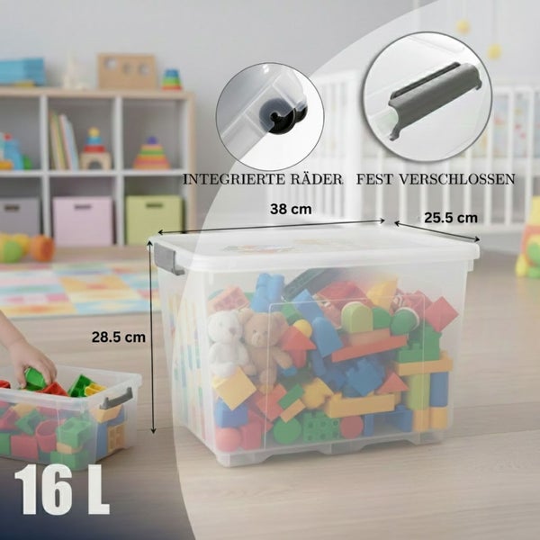 Transparente Spielzeugkiste mit Deckel, integrierten Rädern und Verschluss zur Aufbewahrung von Spielzeug