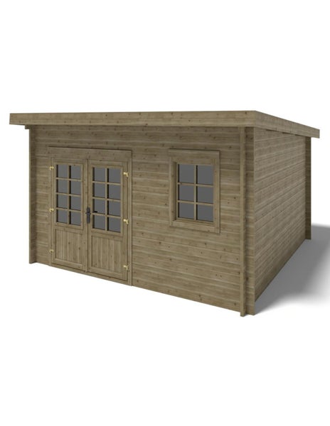 Gartenhaus aus Holz mit Pultdach, Doppelflügeltür und Fenster in Blockbohlenbauweise.