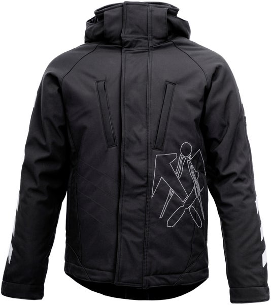 Schwarze Arbeitsjacke mit Kapuze, zwei Brusttaschen, weißem Grafikdruck auf der Vorderseite und Streifen an den Ärmeln.