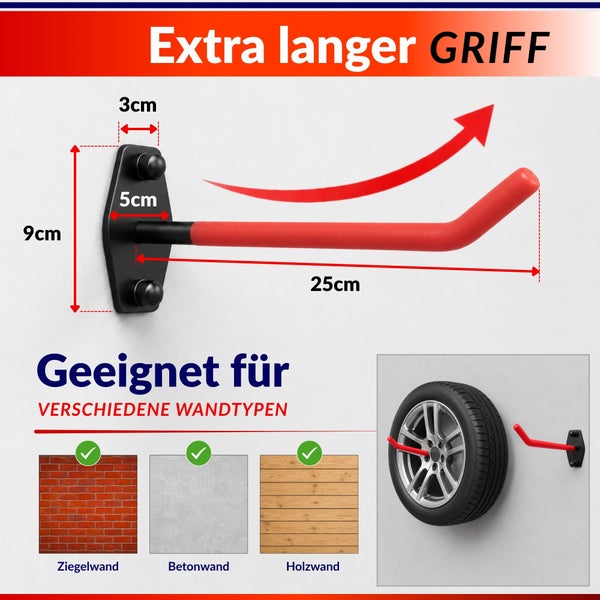 Wandhaken mit extra langem Griff zur Reifenlagerung, geeignet für Ziegelwände, Betonwände und Holzwände, inklusive Maßangaben zur Montage.