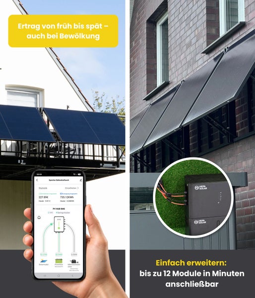 Balkonkraftwerk mit Solarmodulen am Balkongeländer und App Steuerung zur Überwachung der Stromerzeugung.