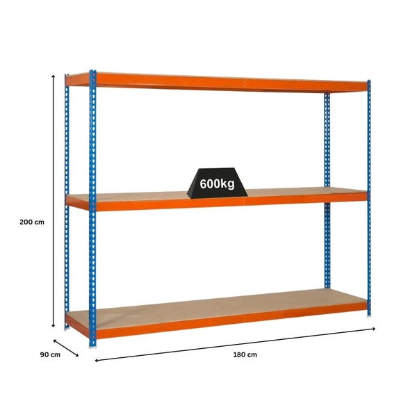 PROREGAL Schwerlastregal Wood Beast Three HxBxT 200 x 180 x 90 cm 3 Ebenen Fachlast 600 kg Blau-Orange