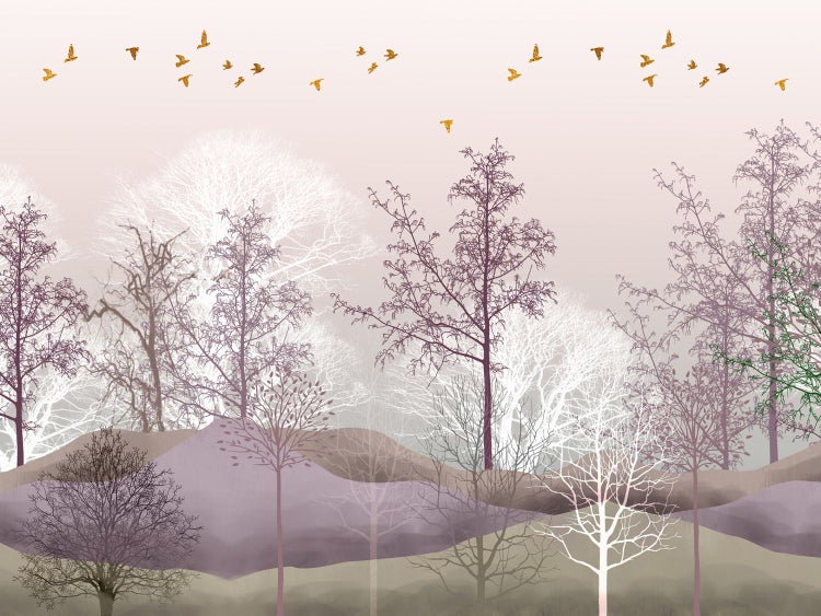 Tapete mit Waldmotiv und fliegenden Vögeln