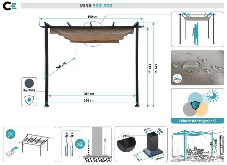 Pergola MIRA 300L300 Beige Wandmontage