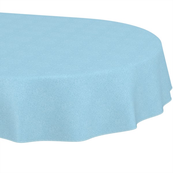 Hellblaue Tischdecke aus gewebtem Textil mit gesäumter Kante.