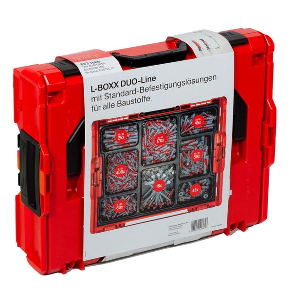 Rote L-Boxx Duo-Line mit Standard-Befestigungslösungen für alle Baustoffe, inklusive Dübel und Schrauben