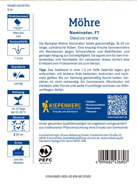 Saatband Möhre Nominator F1 von Kiepenkerl mit Informationen zu Aussaat, Standort, Keimung, Pflanzabstand und Erntezeit.