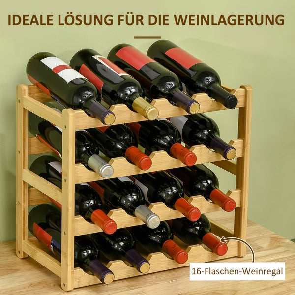 HOMCOM Weinregal Flaschenregal Weinhalter für 16 Flaschen Wasserfestes Standregal Getränkeregal aus Bambus Naturholz 43 x 23,5 x 38 cm