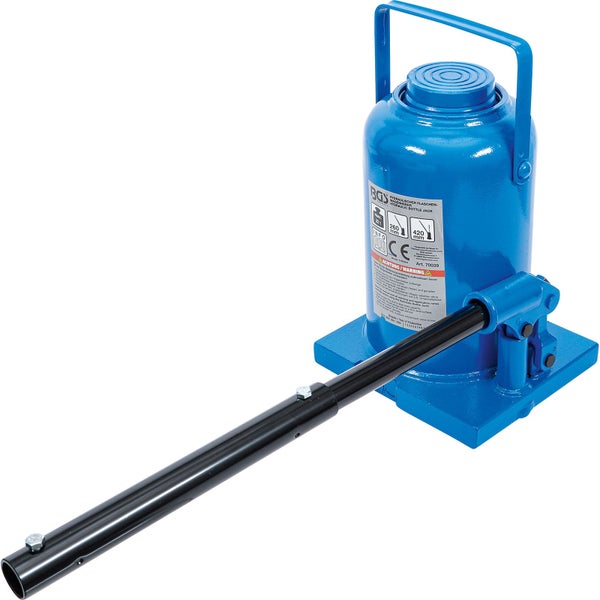 Hydraulischer Flaschenwagenheber aus blauem Metall mit schwarzer Pumpstange und 32 Tonnen Tragkraft, inklusive Tragegriff.