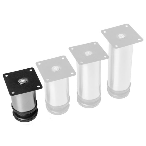 Verstellbarer Möbelfuß aus Metall in verschiedenen Höhen mit quadratischer Montageplatte.