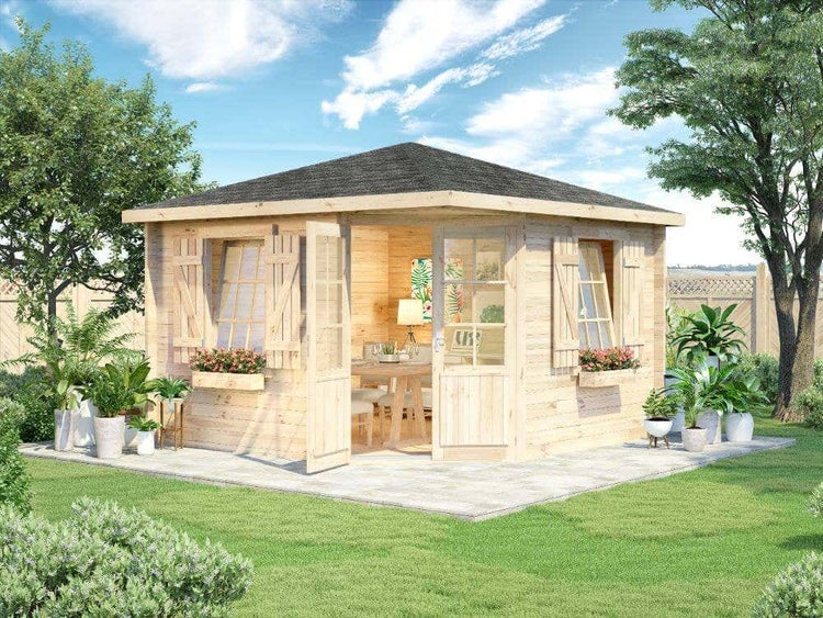 Alpholz 5-Eck Gartenhaus Monica Royal Gartenhaus aus Holz, Holzhaus mit 40 mm Wandstärke, Blockbohlenhaus mit Montagematerial, Naturbelassen 3,5x3,5m