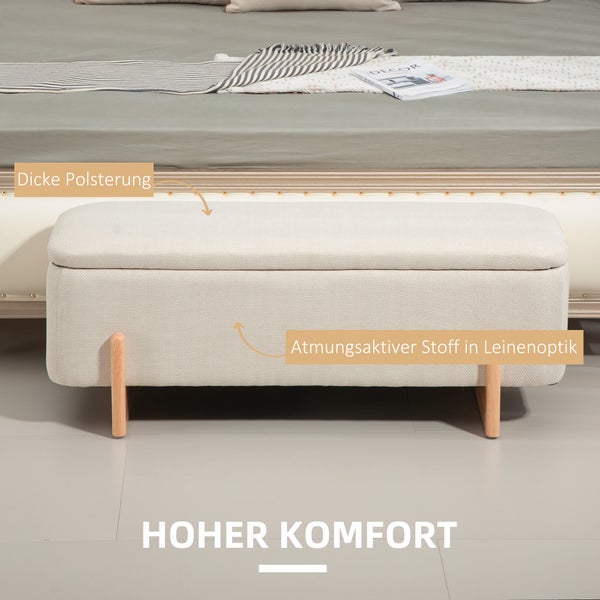 HOMCOM Sitzbank mit Stauraum, Polsterbank mit Leinenoptik, Holzbeine, Bettbank mit Sicherheitsscharniere für Wohnzimmer, Schlafzimmer, Flur, 111 x 44 x 44,5 cm, Creme