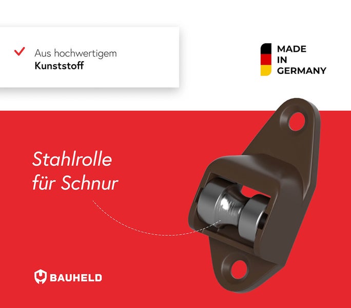Stahlrolle für Schnur, gefertigt aus hochwertigem Kunststoff, Made in Germany, Bauheld Logo