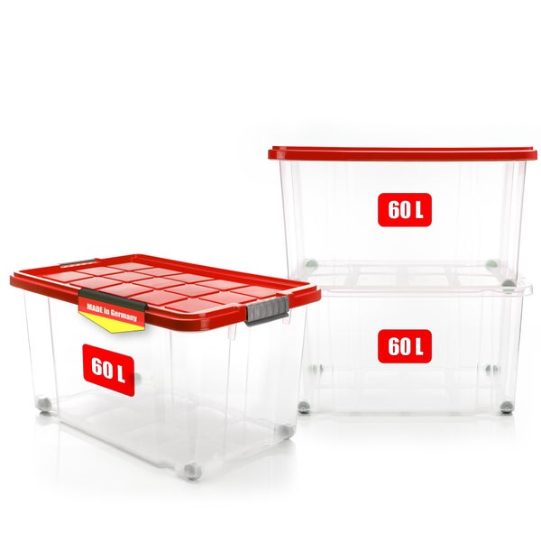 BigDean 3 Stück 60 L Aufbewahrungsbox mit Deckel groß rot - stapelbare robuste Box BPA-frei - rollbare Stapelbox mit festen Klickverschlüssen - Made in Germany