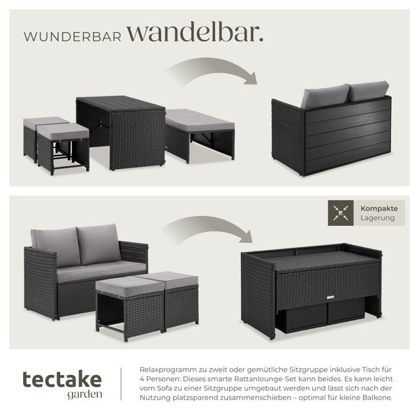 Rattan Lounge Set von tectake garden, wandelbar vom Sofa zur Sitzgruppe mit Tisch und Hockern, platzsparend verstaubar. tectake garden Logo.