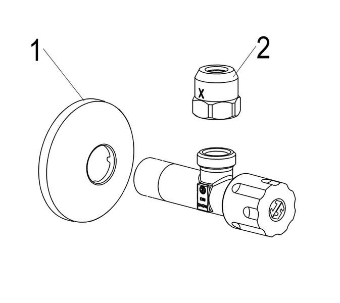 Eckventil mit Rosette und Quetschverschraubung in technischer Darstellung mit Nummerierung der Einzelteile.