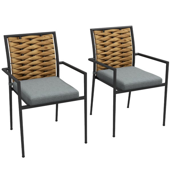 Outsunny Rattan Gartenstuhl 2er-Set, Gartensessel Set mit Kissen, 57 x 58 x 87 cm, Stahl, Grau