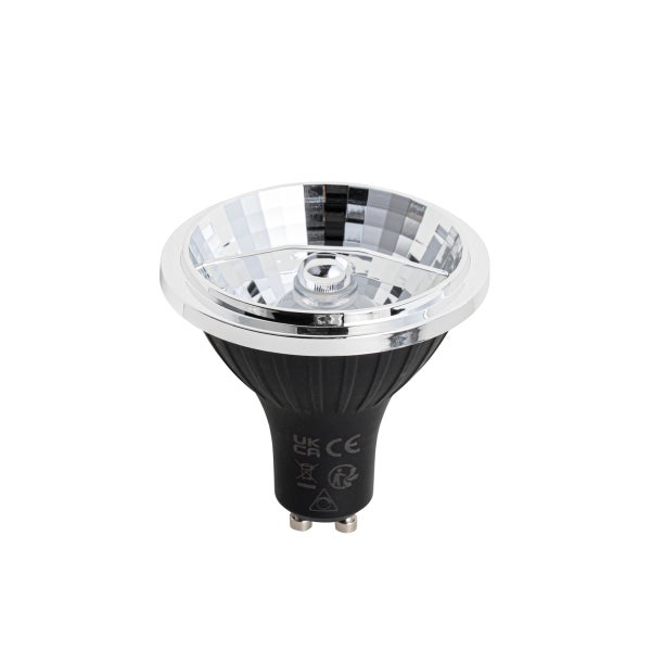 LED-Reflektorlampe mit GU10-Sockel, schwarzem Gehäuse und facettiertem Reflektor.