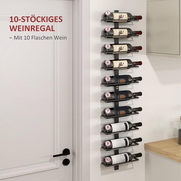 HOMCOM Weinregal Flaschenregal für 10 Weinflaschen, Flaschenhalter zur Wandmontage Aufbewahrungsregal aus Stahl, Weinflaschenregal für Küche, Esszimmer Schwarz