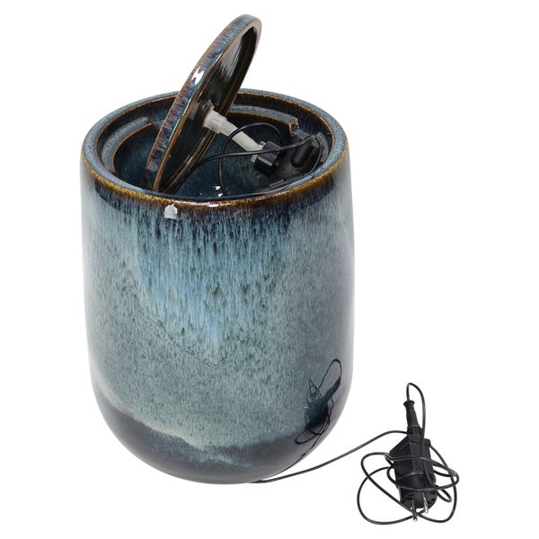 Zimmerbrunnen aus glasierter Keramik in Blau mit integrierter Pumpe und Netzkabel