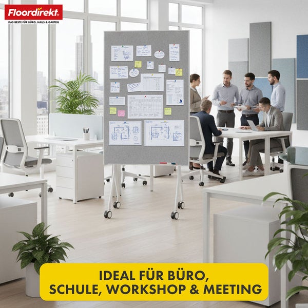 Mobiles Whiteboard mit Notizen und Büroangestellten in einem hellen Büroraum.