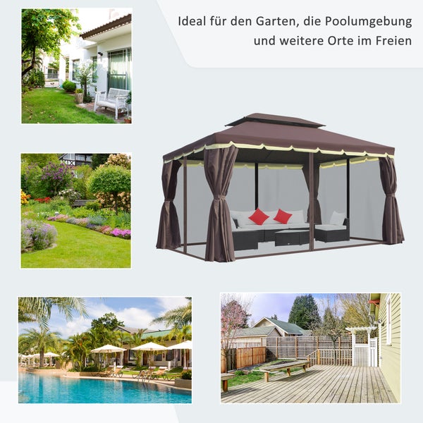 Produktbild eines Pavillons mit Vorhängen und Beispielen für Einsatzbereiche im Garten, am Pool und im Freien.