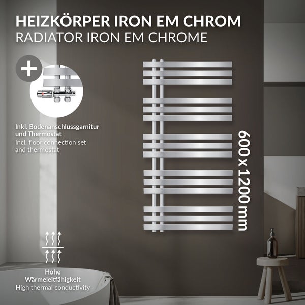 LuxeBath Badheizkörper Iron EM 600x1200 mm Chrom Mittelanschluss mit Anschlussgarnitur Thermostat Durchgang Boden, Design Heizkörper Bad Heizung Handtuchwärmer Handtuchtrockner Handtuchheizkörper