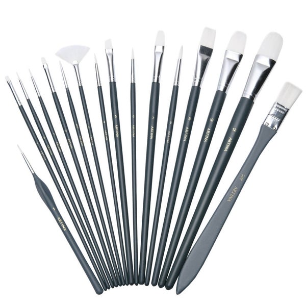 Set mit 15 Kunstmalpinseln in verschiedenen Größen und Formen.