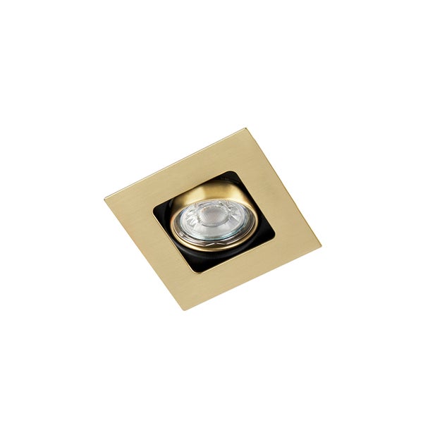 Quadratischer LED Einbaustrahler aus gebürstetem Messing mit schwenkbarem Leuchtmittel.