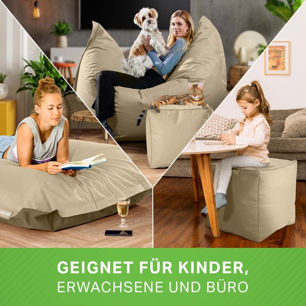 Green Bean 2er Set XXL Sitzsack inkl. Pouf fertig befüllt mit EPS-Perlen - Riesensitzsack 140x180 Lounge Sitz-Kissen Bean-Bag Chair  - Beige