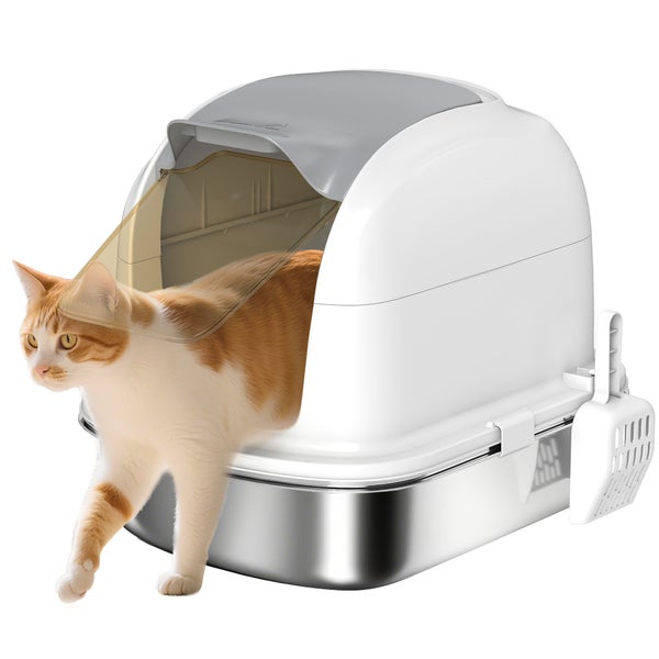 Katzentoilette mit Edelstahlwanne, weißer Haube, Schwingtür und Streuschaufel, eine Katze verlässt die Toilette.