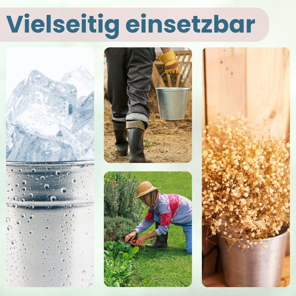 Produktcollage zur vielseitigen Verwendung eines Eimers: Eiswürfel, Person mit Eimer, Frau beim Gärtnern, Blumen im Eimer