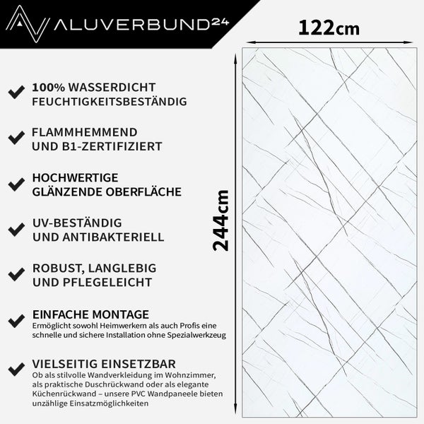 Aluverbund24 Logo. Informationen zu einer 122 mal 244 Zentimeter großen Wandpaneele mit Marmoroptik, die wasserdicht, feuchtigkeitsbeständig, schwer entflammbar, B1 zertifiziert, UV-beständig, antibakteriell, robust, langlebig und pflegeleicht ist.