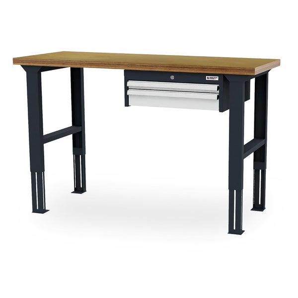 Werkbank mit Arbeitsplatte aus Holz, Metallgestell, zwei Schubladen und höhenverstellbaren Beinen.