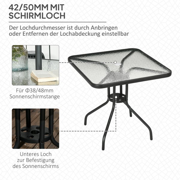 Outsunny Gartentisch Abnehmbar Metall 76x76 cm Wetterfest quadrarisch Balkontisch mit Schirmloch, rutschfest Buffettisch Campingtisch Terrassentisch für Outdoor Garten, Terrasse Balkon Schwarz