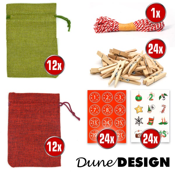Set zum Basteln eines Adventskalenders mit Jutesäckchen, Holzwäscheklammern, Kordel und Adventskalenderzahlenstickern von Dune Design.