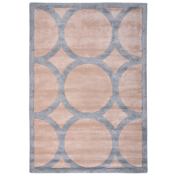 Rechteckiger Teppich mit geometrischem Muster aus großen überlappenden Kreisen in Rosa und Grau.