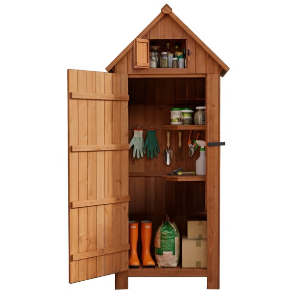 Offener Gartenschrank aus Holz mit Regalfächern, Gartenwerkzeugen, Handschuhen und Stiefeln.