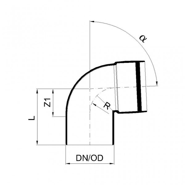 Technische Zeichnung eines Rohrbogens mit Angaben zu Winkel, Radius, Durchmesser und Länge.