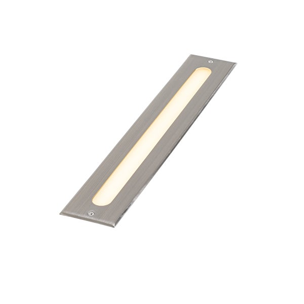 LED-Einbauleuchte für Wand oder Treppe aus Edelstahl, rechteckig, mit schlitzförmigem Lichtaustritt.