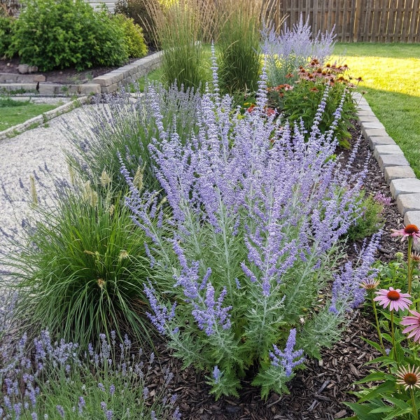 Ein organisiertes Gartenbeet mit einer Blauraute mit violetten Blüten und silbrig-grünem Laub, umgeben von Rindenmulch, Gräsern und Sonnenhut.